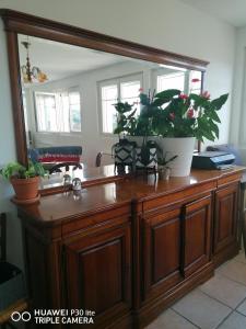 a wooden dresser with a mirror and potted plants on it at Bain de soleil in Forcalquier