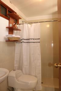 a bathroom with a toilet and a shower curtain at Astromelia Hotel in Ayacucho