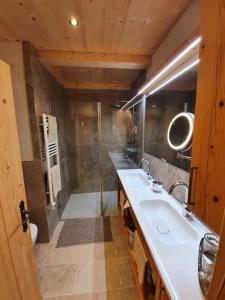 a bathroom with a shower and a white sink at Bichlhof in Kaisers