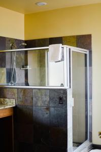 a bathroom with a glass door and a stainless steel sink at Red Mountain Resort in St. George