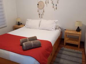 um quarto com uma cama com duas almofadas em Casa Interior en La Cruz Quillota em Quillota