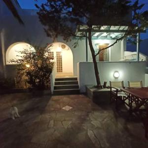 a cat sitting in front of a house at night at paros seaside experience in Aliki
