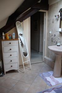 a bathroom with a sink and a mirror and a ladder at Chambre d'Hôtes Les Chênes in Chaptelat