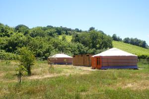 two domes in a field next to a hill at Yurta Gaia in Torino di Sangro