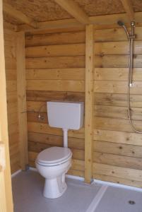 a bathroom with a toilet in a wooden wall at Yurta Gaia in Torino di Sangro