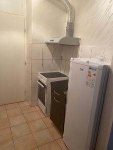uma pequena cozinha com um frigorífico e um fogão em Private Apartman em Berane