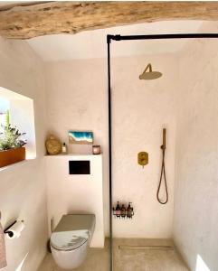 a bathroom with a toilet and a shower at Can Yuca II in Cala Mondrago