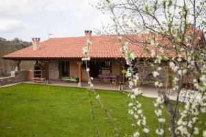 una casa con un patio verde y una casa con techo en Casa Rural el Ribero en Llanteno