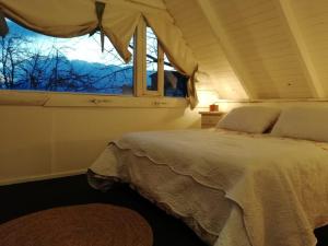a bedroom with a bed and a window at cabaña azul in Trevelin