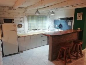 a kitchen with a counter and a sink and a refrigerator at cabaña azul in Trevelin