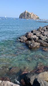 a body of water with rocks and an island at Mandra B&B in Ischia