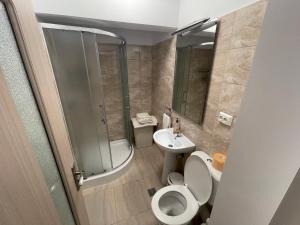 a bathroom with a toilet and a sink and a shower at Deluxe Single Room Apartament in Bragadiru +49 photos