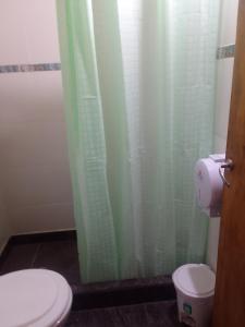 a bathroom with a toilet and a shower curtain at Ushuaia de las Nieves B&B in Ushuaia +34 photos