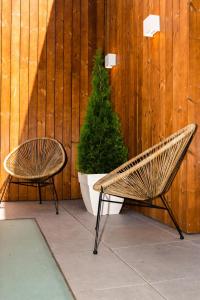 deux bancs à côté d'une clôture en bois avec un arbre de Noël dans l'établissement Hostel Charino, à Pontevedra