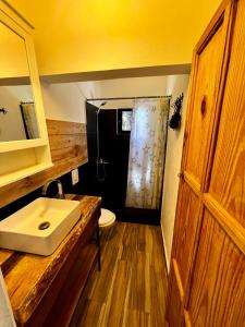 a bathroom with a sink and a toilet at Haus unter Palmen in Jarabacoa