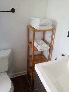 a bathroom with a sink and a toilet and towels at Most Economical Room in Center Washington DC in Washington, D.C.