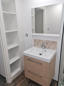baño con lavabo, espejo y estanterías en Location vacances Morbihan Questembert, en Questembert