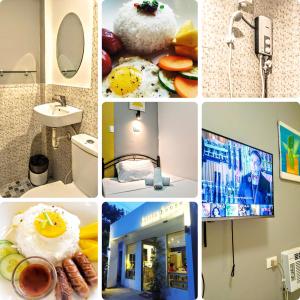 a collage of photos of a bathroom with food at Barrio House Mactan in Mactan