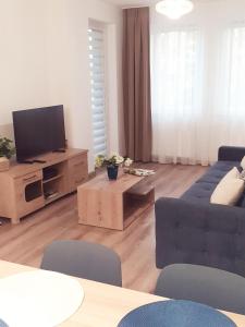 ein Wohnzimmer mit einem Sofa und einem TV in der Unterkunft Apartament Waldi in Kołobrzeg