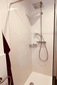 a shower with a glass door in a bathroom at Ferienwohnung Elfi in Kirchdorf im Wald