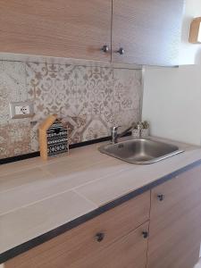 a kitchen counter with a sink and a fireplace at POMPEI VESEVUS APARTAMENT in Boscotrecase