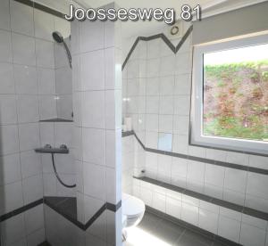 a bathroom with a shower and a toilet and a window at Joossesweg 81 in Westkapelle