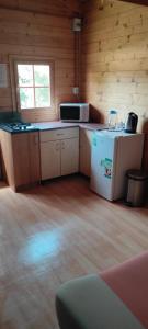 フラニツェにあるChata Sport Kemp Areálのキッチン(冷蔵庫、電子レンジ付)が備わるキャビンです。