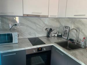 uma cozinha com um lavatório e um micro-ondas em Verona Apartment em Sandanski