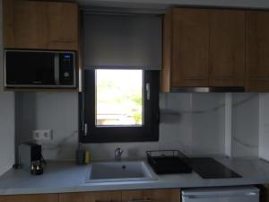 eine Küche mit einer Spüle, einer Mikrowelle und einem Fenster in der Unterkunft Flâneur apartments in Ormos Panagias