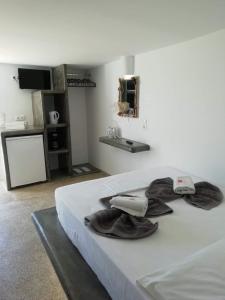 a bedroom with a bed with a robe on it at Studio farma in Zefiría