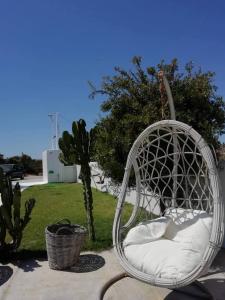a white chair sitting in a yard with a cactus at Studio farma in Zefiría