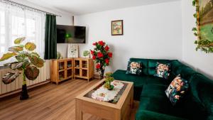 a living room with a green couch and a coffee table at CASUTA CU FLORI in Vîlcele