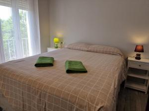 een slaapkamer met een bed met twee groene handdoeken erop bij DS Ribera, con aparcamiento opcional in Córdoba