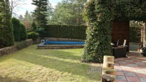 a garden with a blue pool in a yard at Ferienhaus mit Pool zum Träumen und Entspannen für alle Sinne in Bad Schmiedeberg
