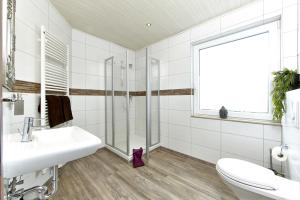 a bathroom with a sink and a shower and a toilet at Kühne's 4 Sterne Komfort-Apartments in Braunlage +26 photos