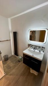 La salle de bains est pourvue d'un lavabo et d'un miroir. dans l'établissement McCareys Loanen Holiday Home, à Larne