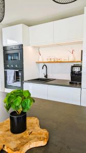 a kitchen with white cabinets and a wooden table with a plant at Hausboot Wangermeerblick (Floating Home) in Wangerland