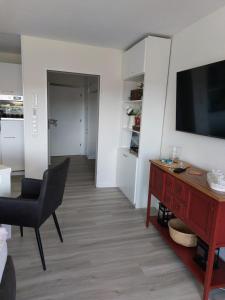 a living room with a desk and a television at Loreley Lounge II in Patersberg