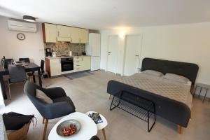 a living room with a bed and a kitchen at Modern Apartment Parenzana IZMA in Portorož