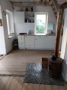 een keuken met een fornuis in het midden van een kamer bij Balsių namelis in Vilnius