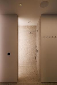 y baño con ducha y pared de piedra. en Wellness Suite B&B L'O Reine en Sint-Pieters-Leeuw