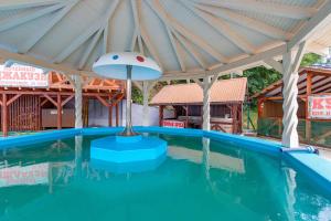 a swimming pool with a roof over it with a swimming pool at Dallas in Solotvyno