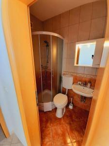 uma casa de banho com um chuveiro, um WC e um lavatório. em Rooms Villa Gala em Mlini