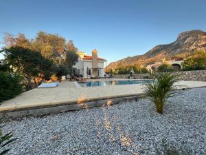 a backyard with a swimming pool and a house at Villa Zeytin - Private Pool Villa in Vasilia