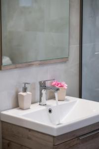 a bathroom sink with a faucet and a mirror at Fragiato Apartment in Lefkada Town