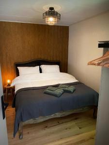 een slaapkamer met een bed met twee handdoeken erop bij Vrijstaande luxe vakantiewoning met grote tuin, veel privacy en prachtige natuur in Geesbrug
