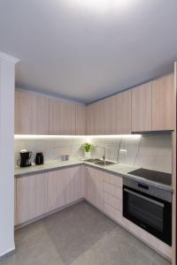 cocina con armarios de madera, fregadero y fogones en Fragiato Apartment en Lefkada