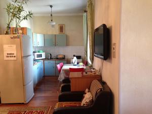 a kitchen with blue cabinets and a white refrigerator at Sunpath Mongolia Tour & Hostel in Ulaanbaatar