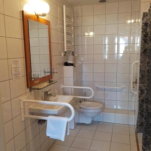 a bathroom with a toilet and a sink and a mirror at B & B Tomula in Gdańsk