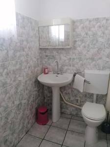 a bathroom with a sink and a toilet and a mirror at Pensiunea Spack in Cristian